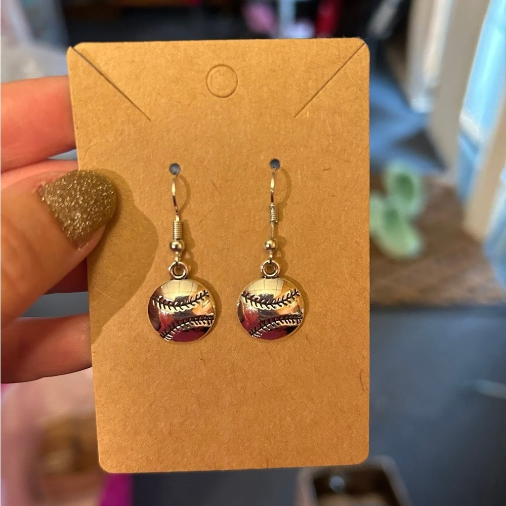 Silver Baseball Stitch Dangle Earrings - Sports Charm